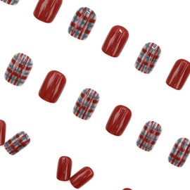 Floral Acrylic Press on Nails Short Square Fake Nails Cute Grid Designs Red Stripe Full Cover Design Nail Art Decoration Glossy Full Medium Cover Acrylic False Nails Extra Stick on Nails 24PCS