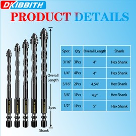 DKIBBITH 4-Flute Serrated Masonry Drill Bit Set,11-Piece Black - 3/16" to 1/2" for Concrete, Tile, Brick, Glass, Ceramic,Wood.