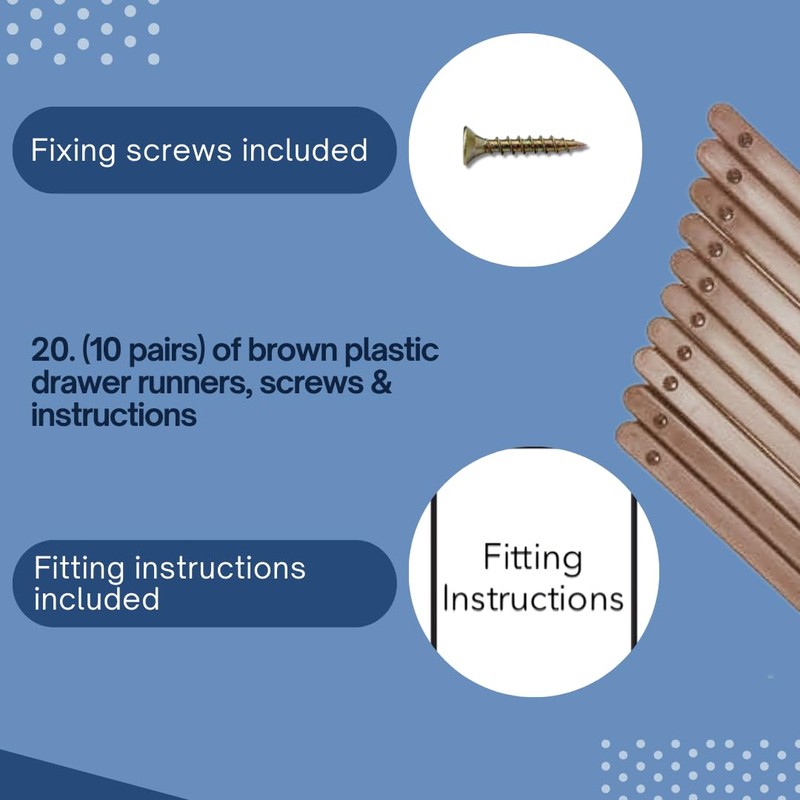 20 (10 Pairs) of Brown Plastic Drawer Runners with Screws