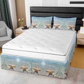 Feelyou Ocean Beach Bedding Bed Skirts Full Size Starfish Beach Dust Ruffle Pleated Bedskirt for Kids Teens Adults Summer Holiday Bed Skirt Beach Theme Fitted Sheet 3Pcs