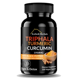 Kailash Herbals Triphala Turmeric Curcumin 1950MG with Black Pepper, 100 Vegan Capsules, Digestive System Health, Dietary Supplement