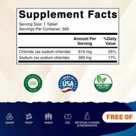 Vitamatic Sodium Chloride 1000mg – 365 Tablets -2 Bottles Electrolyte Replenisher & Hydration Support – Non-GMO, Gluten-Free