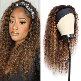 Headband Wig Deep Wave Human Hair Ombre Brown Blonde 4/27 Headband Wig Human Hair Glueless None Lace Front Machine Made 150% Density for Black Women 14 inch