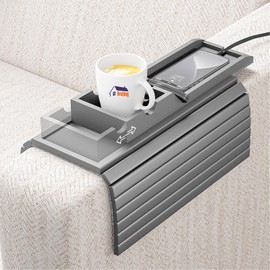 Bestjing Bamboo Couch Armrest Table, Sofa Arm Tray with Detachable Couch Cup Holder- 2 in 1 Anti-Slip Foldable Sofa Armchair Caddy Table for Drinks Cellphone TV Remote Snacks (Gray)