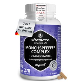 Vitamaze Monk's Pepper Complex with Women's Coat, Vitamin C, Zinc, B6, Folate & B12, 270 Vegan Capsules for 9 Months, Bioactive Folate, Only 1 Capsule Daily, Made in Germany