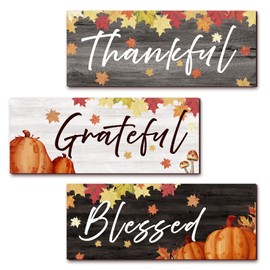 3 Pcs Thanksgiving Pumpkin Farmhouse Wall Decor Thankful Grateful Blessed Wooden Signs Rustic Hanging Fall Decor Kitchen Signs Wall Decor Decorative Signs Plaques for Home Decorations (Rustic)