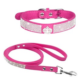 Avenpets Bling Dog Collar Leash Set with Full Crystal Rhinestone Jeweled Soft Velvet Leather Cat Puppy Collar Leash Combo Set, Rose Red, M:12.5-15"(33-38cm) Neck