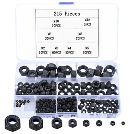 215 Pcs Nylock Nuts, Self Locking Nuts, Nylon Insert Lock Nuts, Carbon Steel Black Hex Nuts, Thread Hexagon Nuts with Nylon Inserts for Bolts Screws Components, M2 M3 M4 M5 M6 M8 M10 M12 (Black)
