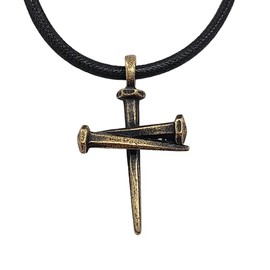FORGIVEN JEWELRY Cross 3 Nail Antique Brass Finish Pendant Black Cord Necklace