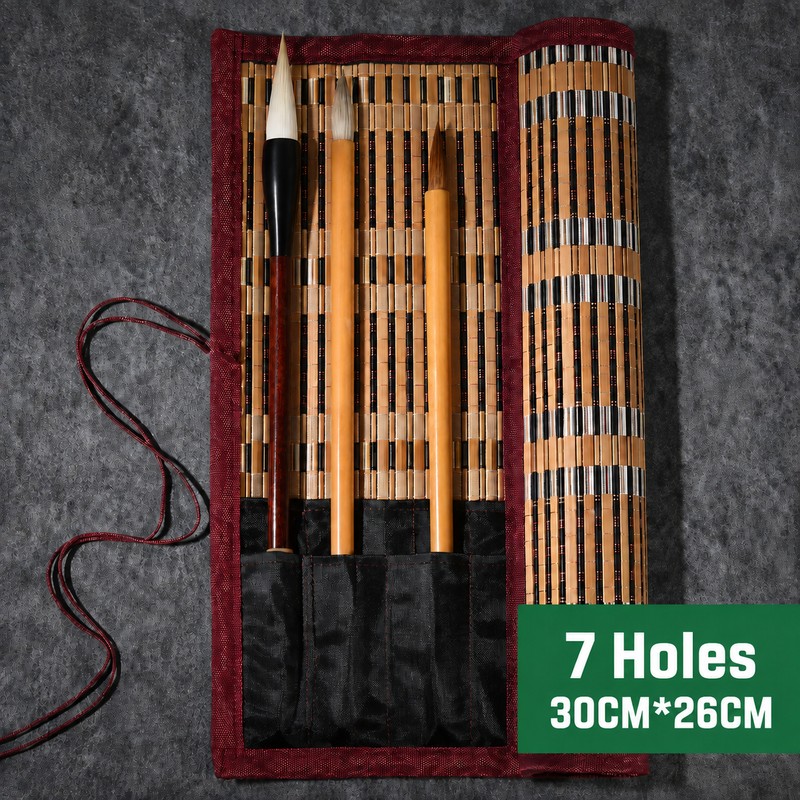 Bamboo Roll Up Brush Holder, 7/8/9 Slot Calligraphy Pen Case,