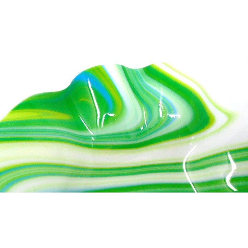 Swirled Green White and Blue Ruffled Bowl 11.5 inch Handcrafted