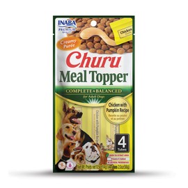 INABA Churu Meal Topper for Dogs, Complete & Balanced, Creamy, Lickable Purée Dog Food Topper, 0.5 Ounce Tube, 4 Tubes (4 per Pack) Chicken with Pumpkin Recipe