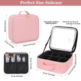 Comeacross Travel Makeup Bag with LED Lighted Mirror, Travel Makeup Organizer,3 Colours Portable Storage Adjustable Waterproof Dividers Makeup Box (1, Pink, Large)