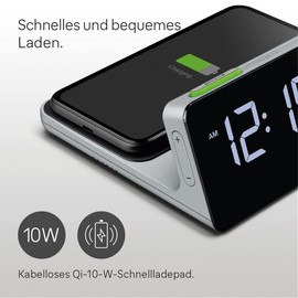 Braun Digital Alarm Clock with VA LCD Display, 10W Qi Wireless Fast Charging Pad, Automatic Backlight Adjustment, Quick Set, Beep Alarm, Grey Model BC21GEU