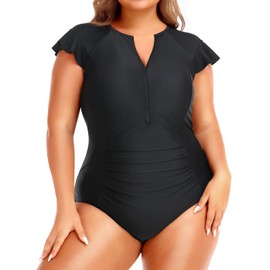 Holipick Plus Size One Piece Swimsuit for Women Tummy Control Cap Sleeves Bathing Suits Zipper Front Rash Guard Swimwear Black