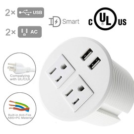 Power Grommet with USB for Desk Desktop Power Data Outlet with 2 AC Outlets and 2 USB Ports 6'ft Heavy Duty Power Cord White