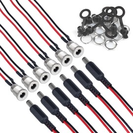 DC Power Socket Threaded Mount Connector Adapter 5.5 x 2.5MM, with Waterproof Cover Cap and Cable (15CM 20AWG) - 6 Sets