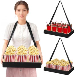 yeesport 2 Pcs Wooden Snack Trays with Straps, Handheld Serving Trays with Adjustable Shoulder Straps, Movie Popcorn Beverage Carriers, Vintage Drinking Holders for Parties and Picnics, Black