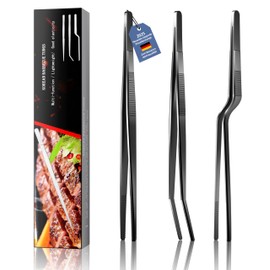 Pack of 3 30.5 cm Cooking Tweezers Stainless Steel Tongs Precision Serrated Tips, Lockable Metal Tongs, Ideal for Cooking, Grilling (Black-100)