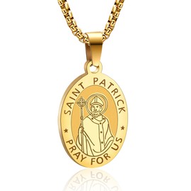 Yaumatea St. Patrick Necklace, Patron Saint of Ireland, Protection Medal, Catholic Gift, Stainless Steel 24" Chain (Gold)