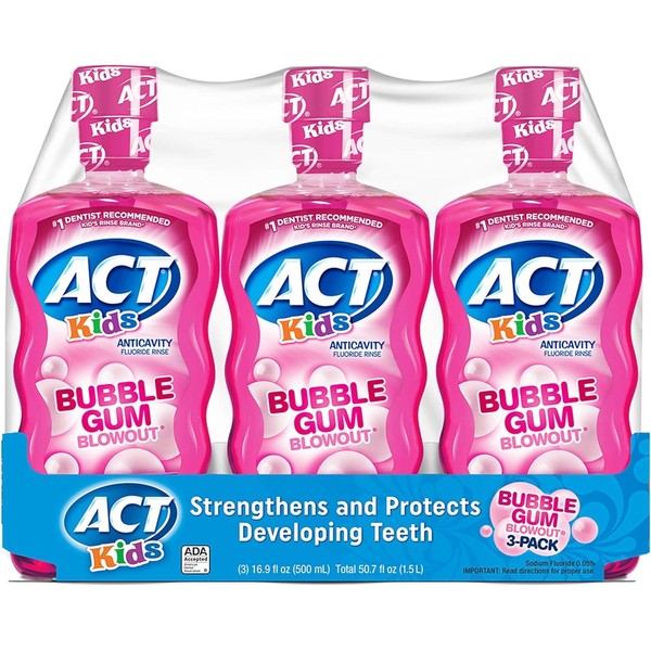 ACT Kids Anticavity Fluoride Rinse, Bubblegum Blowout, 16.9 oz (Pack of 3)