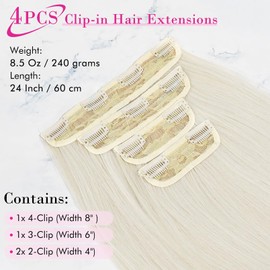 REECHO Hair Extensions, 24" Straight Long Thick 4 PCS Set Thick Clip in on Hair Extensions -Platinum Blonde