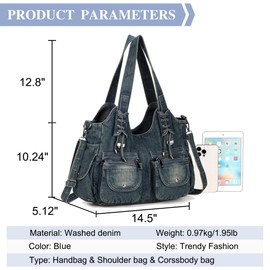YeFine Casual Washed Denim Shoulder Bags Top Handle Lady's Hobo Bags Women Purses And Handbags (Deep Blue)