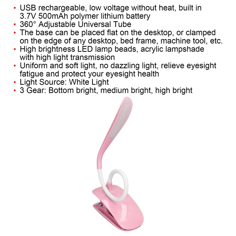LED Desk Lamp 360° Adjustable Clip On USB Rechargeable Table