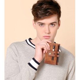 FORRICA Men's Wallet RFID Protection Men's Wallet Genuine Leather Wallet Double Fold Wallet with Chain 14 Card Slots Wallet with Coin Compartment, Brown B, Modern