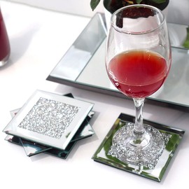 GIMORRTO 4 Pieces Crushed Diamond Square Cup Mat Glass Mirror Coaster 4" for Table Top Decoration Bar Tools Dining Table
