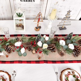 Artiflr 6FT Pine Christmas Garland with Berries Pinecones Spruce Eucalyptus Leaves Cotton Balls Winter Greenery Garland, Artificail Berry Garland for Holiday Fireplace Table Runner Centerpiece Decor