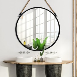 POZINO Round Mirror, 24 Inch Hanging Mirror with Rope, Circle Wall Mirrors, Black Frame Farmhouse Mirrors for Bathroom Bedroom Living Room Entryway Home Decor