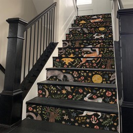 REDAMANCY Vintage Dark Black Animals Forest Rabbits Deer Peel and Stick Vinyl Stair Riser Decals Staircase Tile Stickers Decor Modern Marble Decoration Self-Adhesive(14 Pcs)