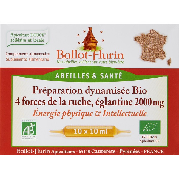 Ballot-Flurin - Préparation Dynamisée Bio 4 Forces de la Ruche - Vitalité • Tonus • Immunité - Miel, Pollen, Propolis & Gelée Royale française - Certifié bio - Boite de 10 ampoules