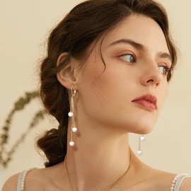 ALEXCRAFT Drop Gold Pearl Earrings for Women 14K Leaveback Wedding Bridesmaid Dangling Earrings Jewelry for Women