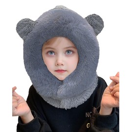 JFAN Children's Winter Hat Warm Plush Scarf Hat Boys Girls Hooded Scarf with Fleece Lining Winter Scarf Neck Warmer Panda Hat, gray