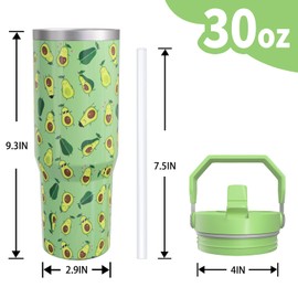 Avocado Gifts 30 Oz Tumbler with Top Handle and Flip Straw, Sage Green Stainless Steel Insulated Water Bottle Cup, Cute Fruit Lover Birthday Gifts for Women Girls