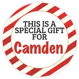 This is a Gift for Camden - 100 Pack Circle Stickers 3 Inch - Candy Cane Merry Christmas Gift Tag Present Tree Holiday Custom Name Santa Claus