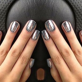 Silver Press on Nails Short Square Fake Nails Metal Chrome False Nails Press ons Glossy Silver Mirror Acrylic Nails Full Cover Holographic Metal Chrome Glue Stick on Nail for Women Manicure 24pcs