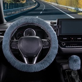SEG Direct Furry Car Steering Wheel Cover with Fluffy Gear Shift Cover Soft Warm Non-Slip Car Decoration for Men Women Girls 2 PCS Set, Blue Gray