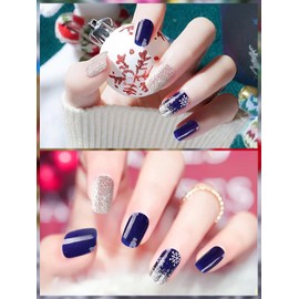 EBANKU Christmas Glitter Blue Gel Nail Strips - Long Lasting Waterproof Wraps With Stick, File, Wipes & Sealing (UV/LED Lamp Required)