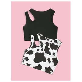 Milumia Girl 2 Pack Tank Tops Cow Print Cut Out Round Neck Sleeveless Crop Tops Black and White 9Y