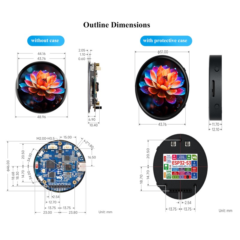 ESP32-S3 with 1.75inch AMOLED Round Touch Display Development Board, 466x466,