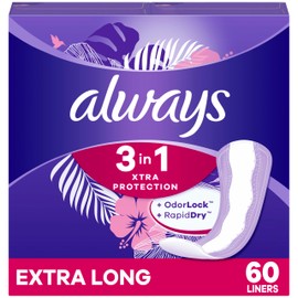 Always Always Xtra Protection 3-in-1 Daily Liners for Women, Extra Long, 60 CT (Packaging May Vary)