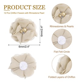 PATIKIL 2 Inch Chiffon Flowers, 12 Pcs Rhinestone Pearl Sewing Fabric Flowers Artificial Appliques Embellishments for Clothing Wedding DIY Craft Headbands Decor, Beige