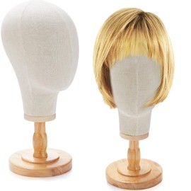 RattanView 2 Pcs Wig Stand with Head 23 Inch Linen Mannequin Head Stand with Wooden Stand Wig Head Stand Mannequin Head for Hats Canvas Head for Wigs Hats Caps Headdress Home Store Hair Salon