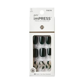 KISS Impress Press-On Manicure Fake Nails, Time Lapse - Short Length, Squoval Shape, Polish-Free Dark Green Gold Design Mani, Includes Prep Pad, Mini File, Manicure Stick, and 30 Fake Nails