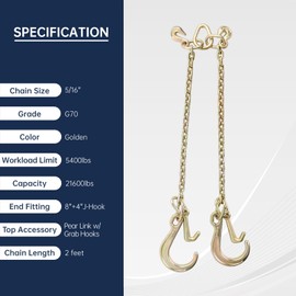 BATONECO 5/16" X 2' G70 V-Chain Bridle w/ 8" and 4" J Hooks, 2 feet (24 inch) Legs Towing Chain, Grade 70 Standard Length, 5,400lbs WLL for Flatbed Truck Wrecker Carrier Transport Tie Down Binder