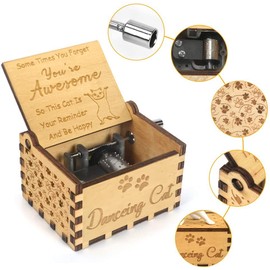 Equoza You are My Sunshine Music Box You are Awesome Antique Hand Crank Engraved Musical Boxes W Dancing Cat Doll - Cute Birthday,Anniversary,Christmas, Stress Relief Gifts for Women Girls