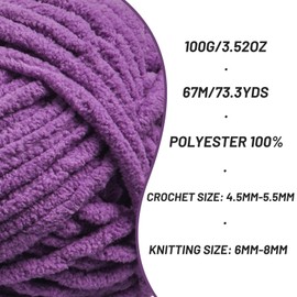 Chunky Chenille Yarn for Crocheting，Baby Yarn for Crocheting Soft Blankets，Bulky Yarns for Crochet Amigurumi，100g (74.3yds) Fluffy Velvet Yarns for Hand Knitting (Purple)